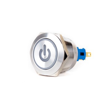 J22-271-P 22mm Düz Kafa  Metal Yaylı Power Logolu Butonlar IP67 6-24V AC/DC