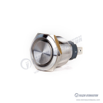 J19-C-211 19mm Paslanmaz Çelik Düz Kafa Yaylı Buton 1NO 20A, IP67 Işıksız