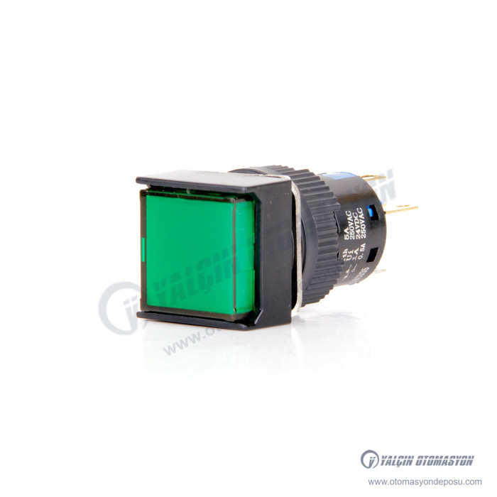 K16-382-GD 16mm Kare Gövde Yeşil Işıklı Kalıcı Buton 12-24V – BUTTO K16-382-GD 16mm Kare Gövde Yeşil Işıklı Kalıcı Buton 12-24V – BUTTO