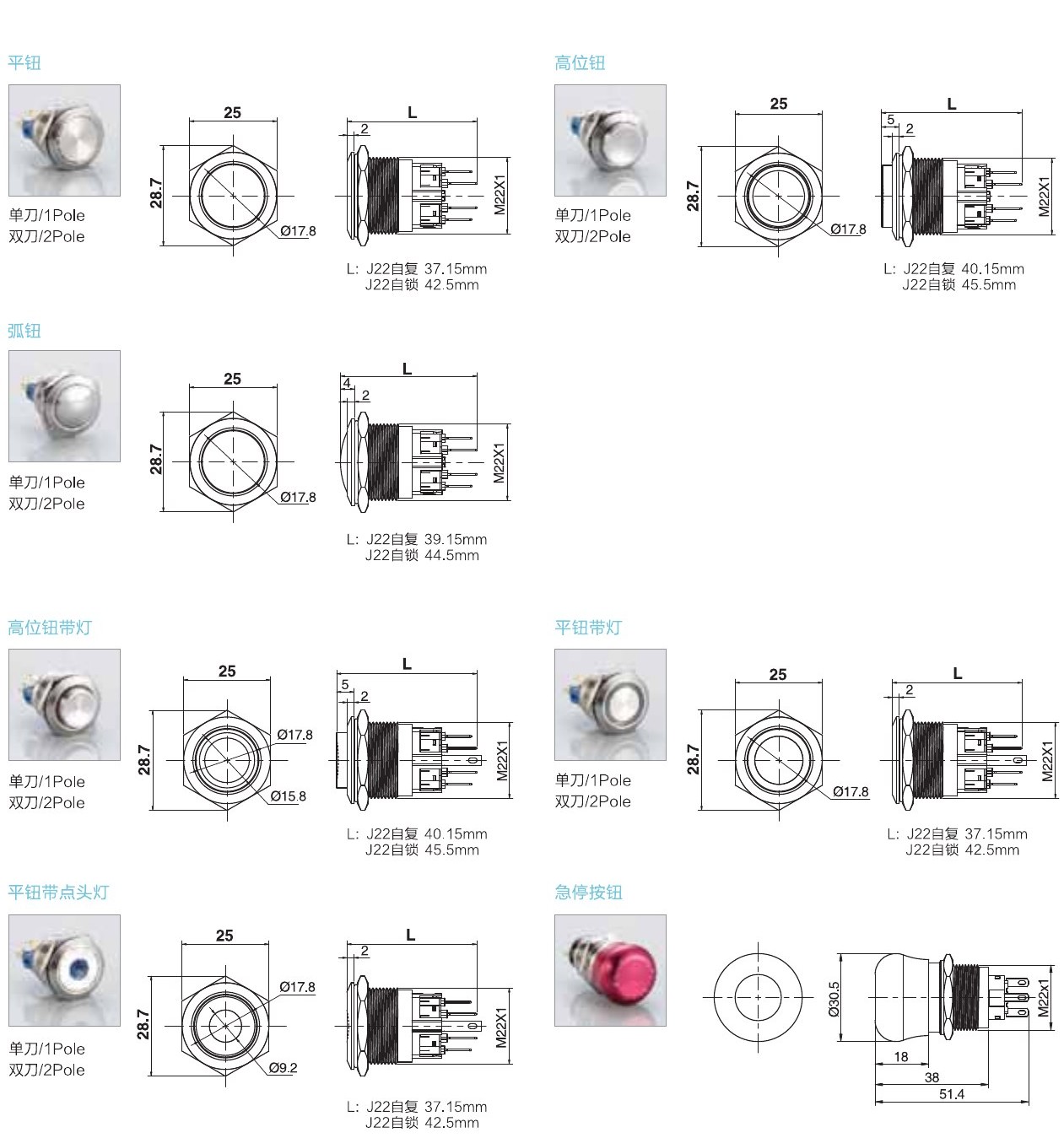 Butto J22 22mm metal buton teknik çizim ölçüleri